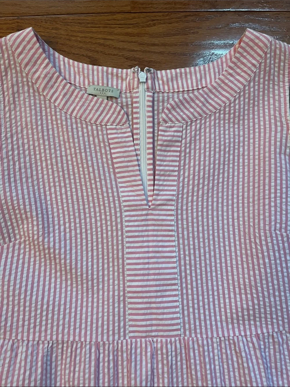 TALBOTS Pink & White Striped Tiered Short Seersucker Sleeveless Dress, Women's 8